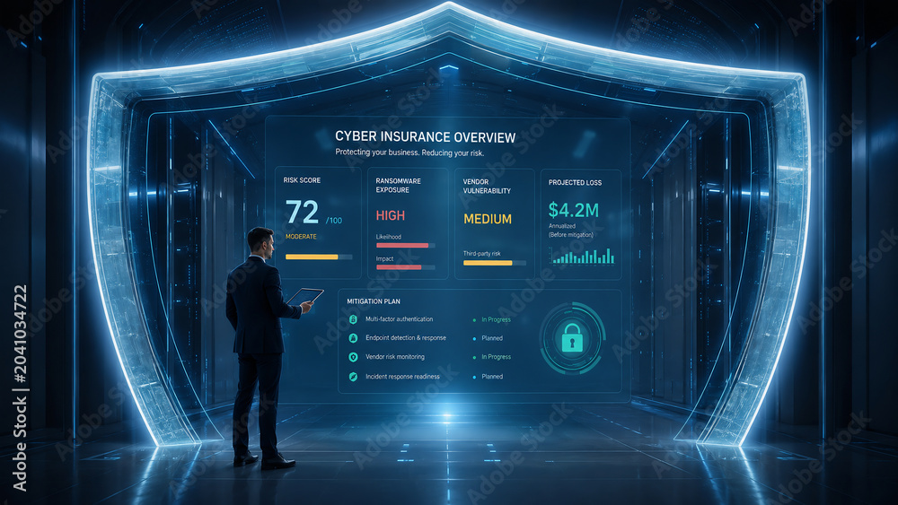 Cyber Insurance Overview Dashboard with Businessman in Futuristic Data Center