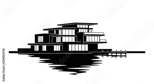 Tableau sur toile Black and white graphic illustration of a modern luxury waterfront villa with reflection on water