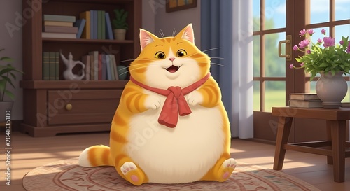 Cute Chubby Orange Cat Sitting with Red Scarf in Cozy Sunlit Room