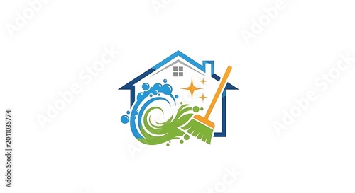 Colorful House Cleaning Logo with Broom Water Swirl and Sparkle on White Background