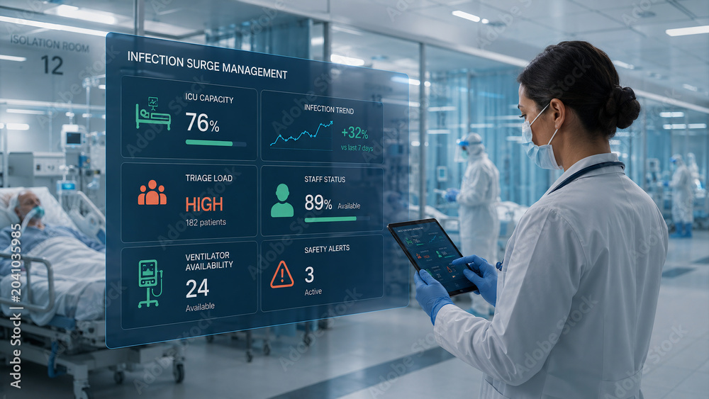 Female doctor using futuristic digital health dashboard for infection surge management in modern ICU