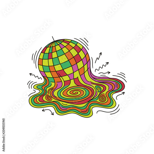 Colorful psychedelic melting globe with swirling pattern.