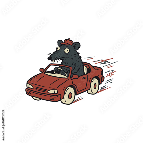 Cartoon rat driving red convertible with motion lines.