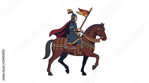 Bild auf Leinwand Illustration of a medieval knight riding a horse with a flag.