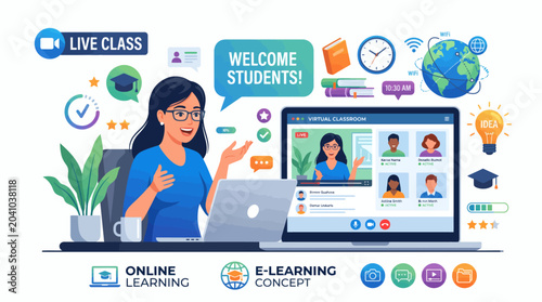 Female teacher conducting a live virtual classroom on her laptop