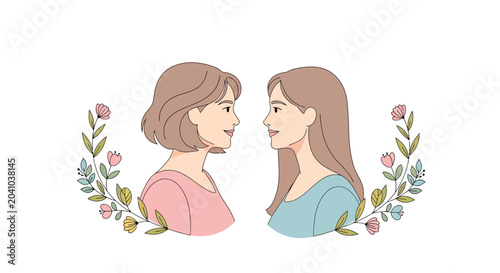 Bild auf Leinwand Illustration of a mother and daughter facing each other surrounded by floral elements