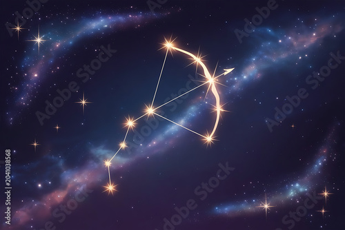 Sagittarius Zodiac Constellation with Glowing Stars and Bow Arrow on Deep Space Galaxy Background