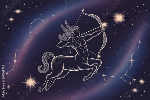 Sagittarius Centaur Archer Zodiac Sign Illustration on Cosmic Galaxy Background with Constellations