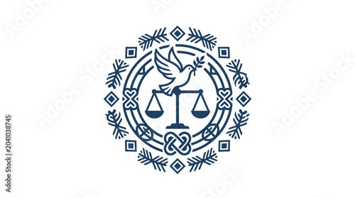 Cuadro en lienzo Symbol of justice featuring a dove and scales in a circular ornamental frame