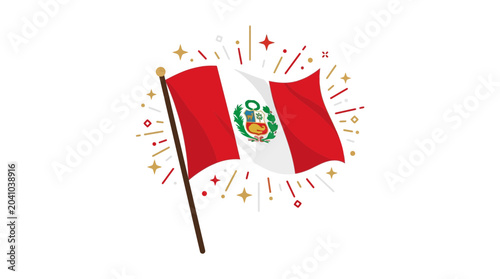 Foto Waving flag of Peru with celebratory fireworks background.