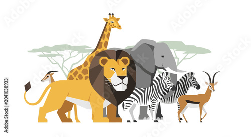 Photography Group of African safari wild animals together in a stylized illustration