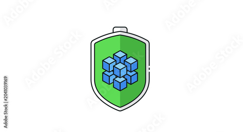 Green shield with blue cubes.