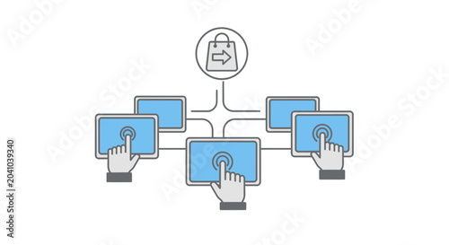 Hands interacting with computer screens network.
