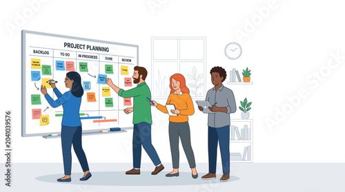 Team Organizing Tasks on Board in Modern Office Environment