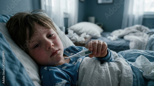 A Sick Child, Feverish In Bed, Measuring Temperature With Thermometer