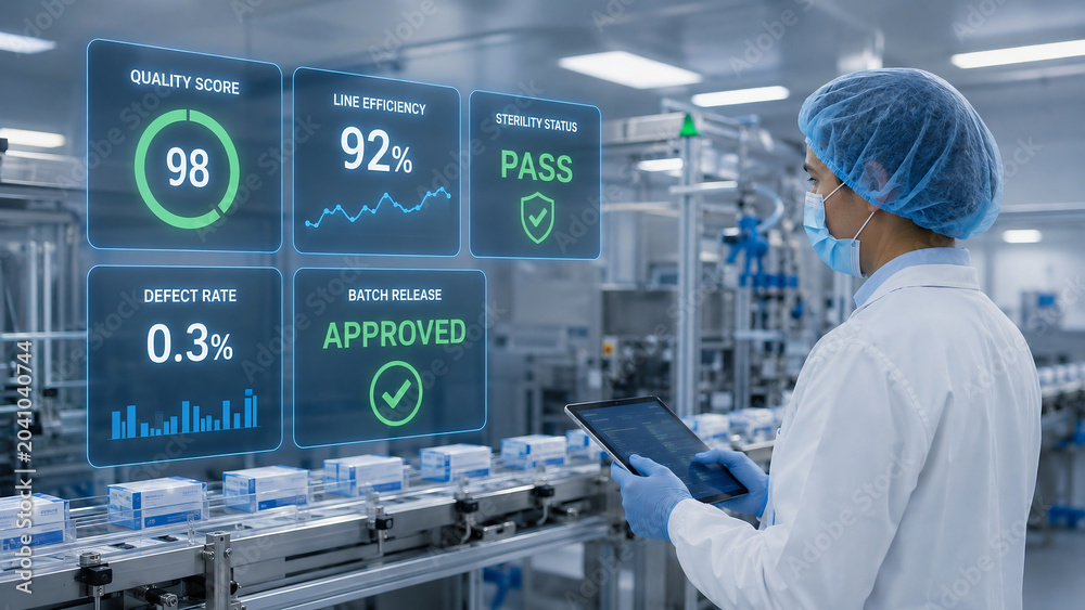 Pharmaceutical Quality Control Specialist Monitoring Production Line with Digital HUD Dashboard