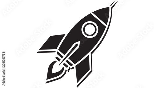 Photos Rocket Ship Icon with Circular Window and Stylized Fins, Black and White Graphic