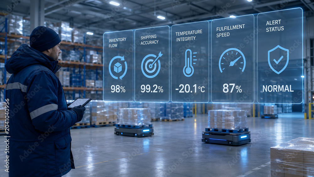 Warehouse Manager Monitoring Cold Storage Logistics with Futuristic Digital Interface