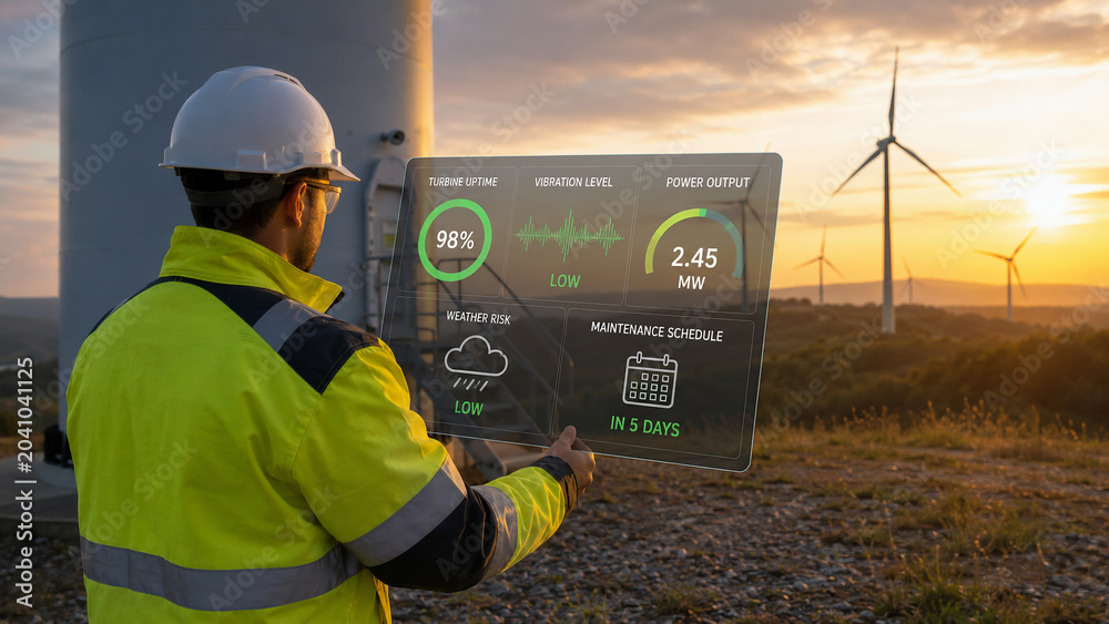 Engineer monitoring wind turbine performance using digital tablet with futuristic HUD interface