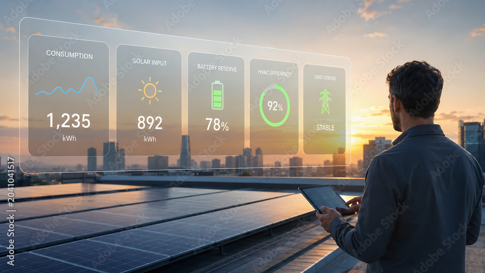 Man monitoring smart energy system with futuristic holographic interface on rooftop solar panels