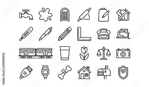 Schilderij op canvas Thin Line Icon Set Water Tap Railway Carriage Mailbox Vector Collection
