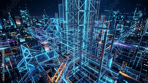Futuristic Neon City Architecture Glowing in Digital Night Skyline