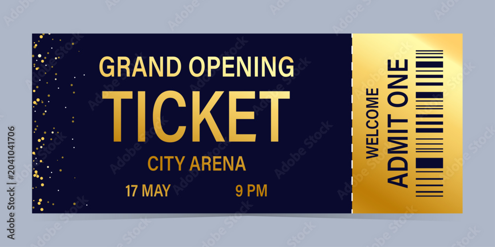 Fototapeta premium Realistic ticket vector template admission with gold for anything event.