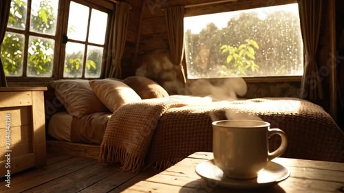 Sunlit cozy living room with warm window light, textured sofa and tasseled throw, coffee mug on wooden table
