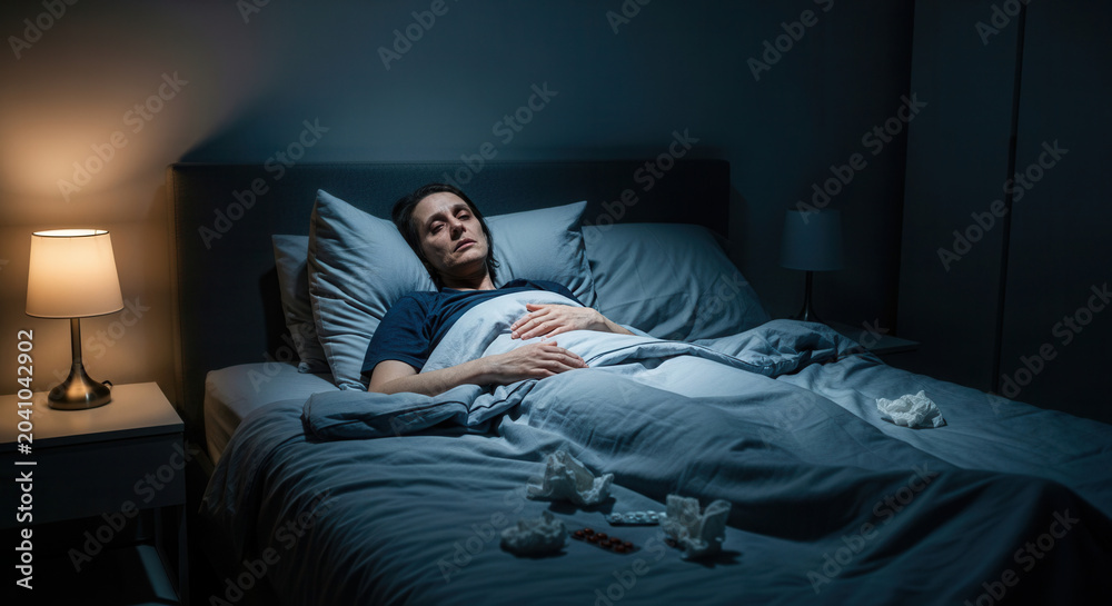 Fototapeta premium A Person In Bed Looks Ill, Surrounded By Medicines And Tissues, In The Dim Light
