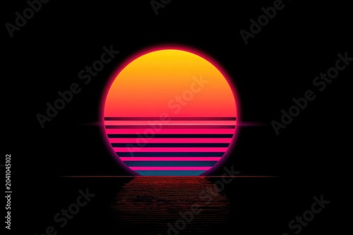 Retro sunset with glowing lines reflected on dark water