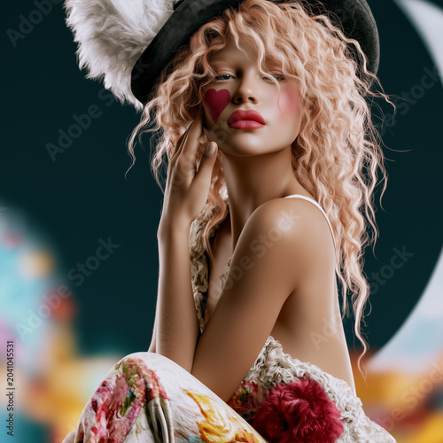 Elegant fantasy portrait of a curly-haired woman with theatrical makeup and dramatic styling.