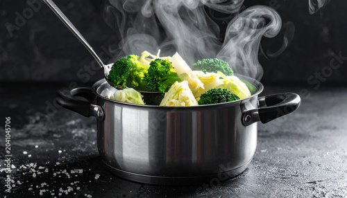 Broccoli and Cabbage Simmer in Steaming Pot with ladle healthy food concept