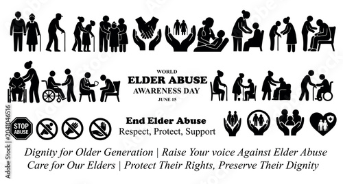 Tableau sur toile World Elder Abuse Awareness Day June 15 silhouette icon set, senior care and old