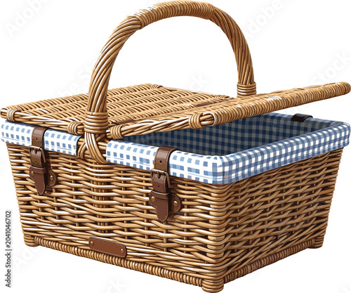 Tableau sur toile Empty vintage picnic hamper with leather straps handle flat vector graphic, real