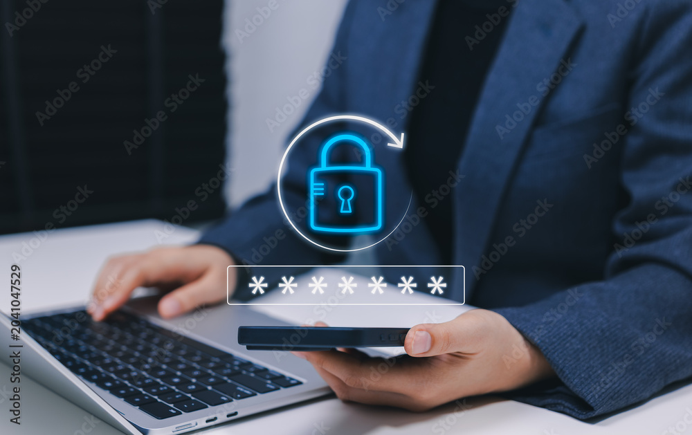 Naklejka premium Password reset security and forgotten password recovery concept. Person using smartphone and laptop, showing digital lock, secure login, account protection, data privacy, and cybersecurity control.