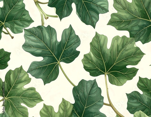 Lush Green Fig Leaves Arranged in Botanical Pattern on Light Background