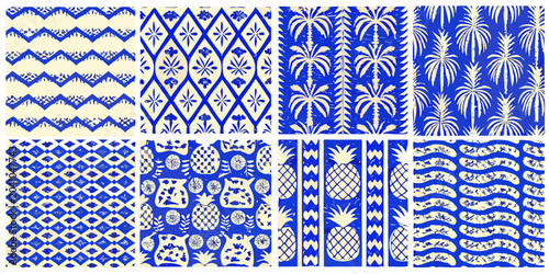 Bild auf Leinwand Tropical folk art patterns in blue and cream repeating design set