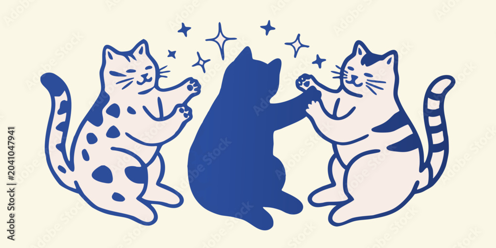 Naklejka premium Three Cats Holding Paws Blue Vector Illustration With Sparkle Elements