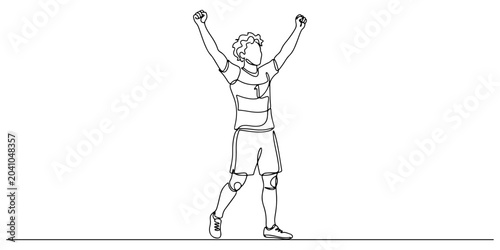 Foto Continuous line drawing of a player celebrating victory by raising both hands as a symbol of victory and the euphoria of being a champion, line art vector illustration