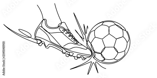 Schilderij op canvas Continuous line drawing of a football boot striking a soccer ball symbolizing match action and competitive sports, line art vector illustration