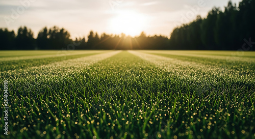 Lush Green Manicured Lawn with Fresh Morning Dew Droplets at Sunrise Perfectly Striped Athletic Turf Under Warm Golden Sunlight in a Scenic Park