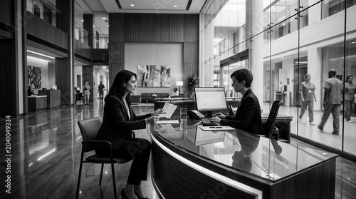 Businesswomen Collaborate At Modern Reception Desk In A Contemporary Office Space
