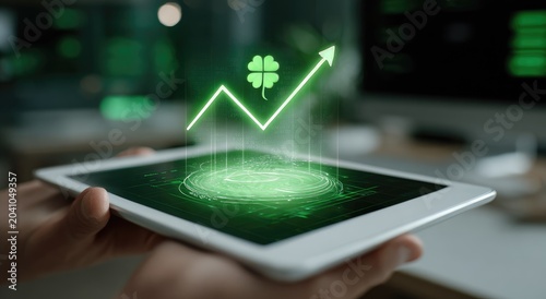 Glowing green chart with four-leaf clover indicates financial growth