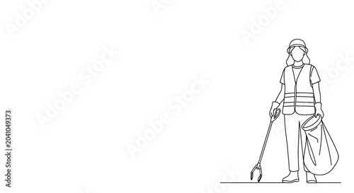 Canvastavla Continuous line drawing of a street cleaner woman with a trash grabber and bag
