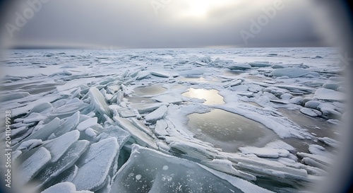 Frozen Broken Sea Ice Stretching Across Arctic Landscape Under Cloudy Sky