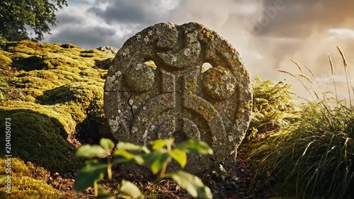 Sunlit mossy rock and ferns in a tranquil woodland landscape with soft golden light and drifting clouds