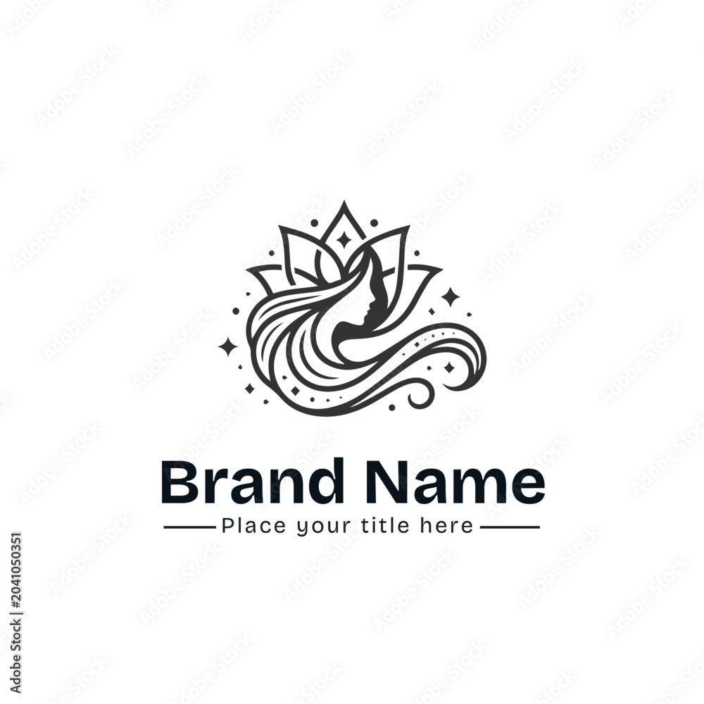 Obraz premium Minimalist Lotus Flower Logo Design with Elegant Woman Face Silhouette and Sparkling Stars for Luxury Spa, Yoga Wellness, Cosmetics, Skincare, and Hair Salon Brand Identity