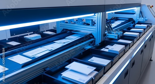 Automated Document Sorting Machine Processing Paper Envelopes in Modern Mailroom