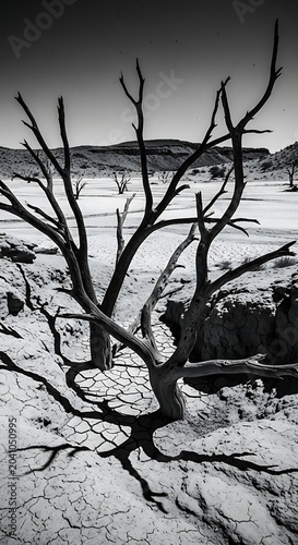 Barren Dead Tree Standing on Cracked Desert Ground in Stark Black and White Landscape