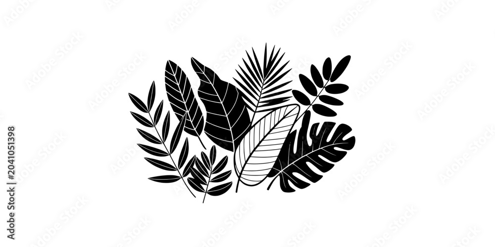 Fototapeta premium Leaves tropical illustration with black and white design elements featuring nature, foliage, plants with botanical and leafy elements for artwork,